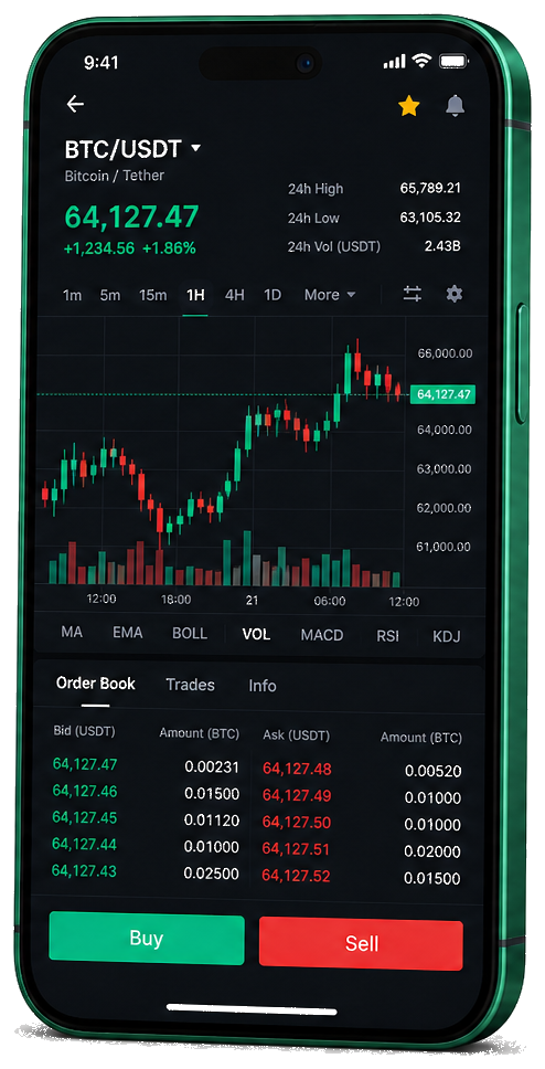 Πλατφόρμα Viva Wallet σε κινητό — live γράφημα BTC/USDT, βιβλίο εντολών και εύχρηστο περιβάλλον αγοράς/πώλησης